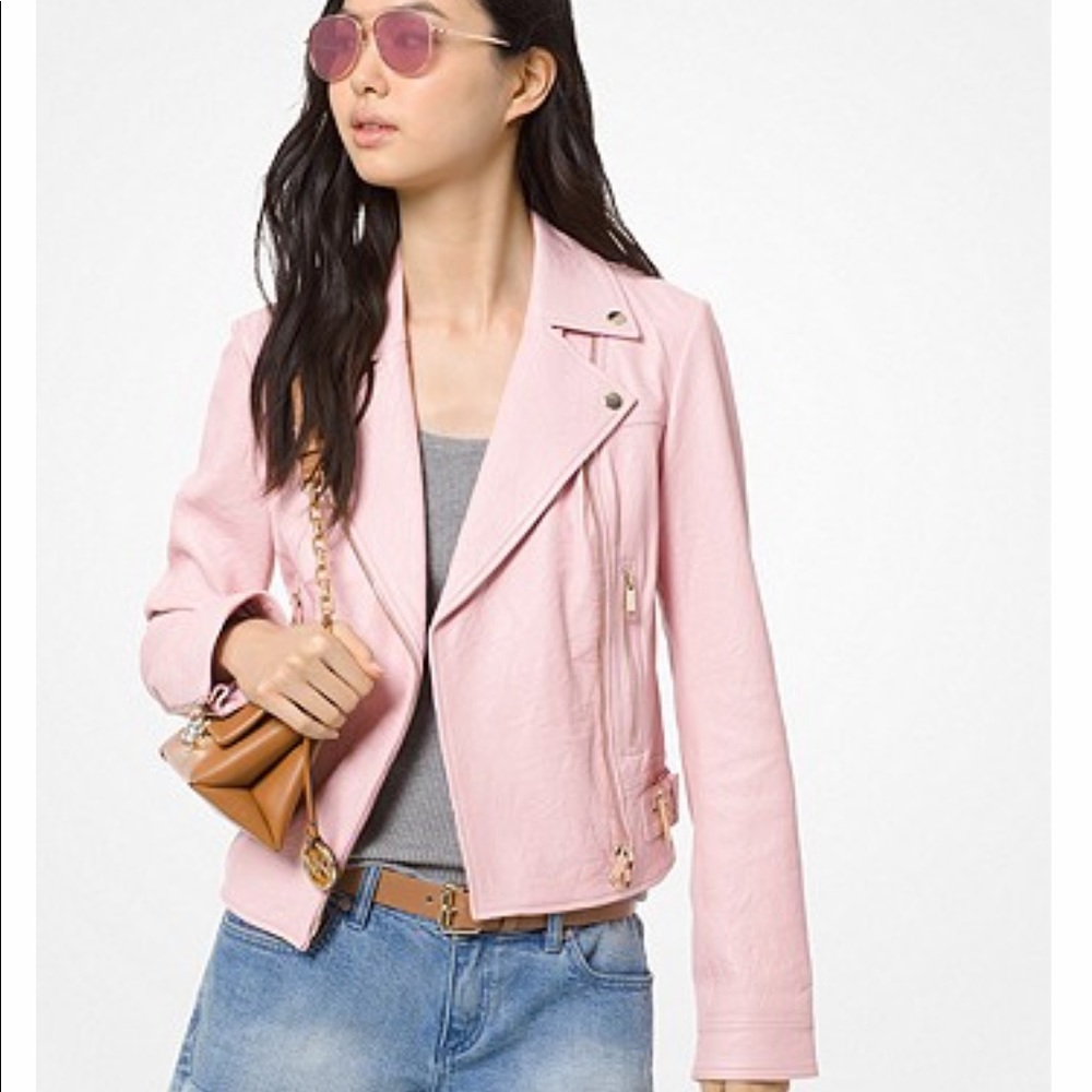 Michael Kors Crinkled Leather Moto Jacket